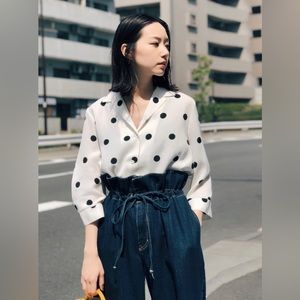 Black and White Polka Dot Three-Quarter Sleeve Silk Blouse
